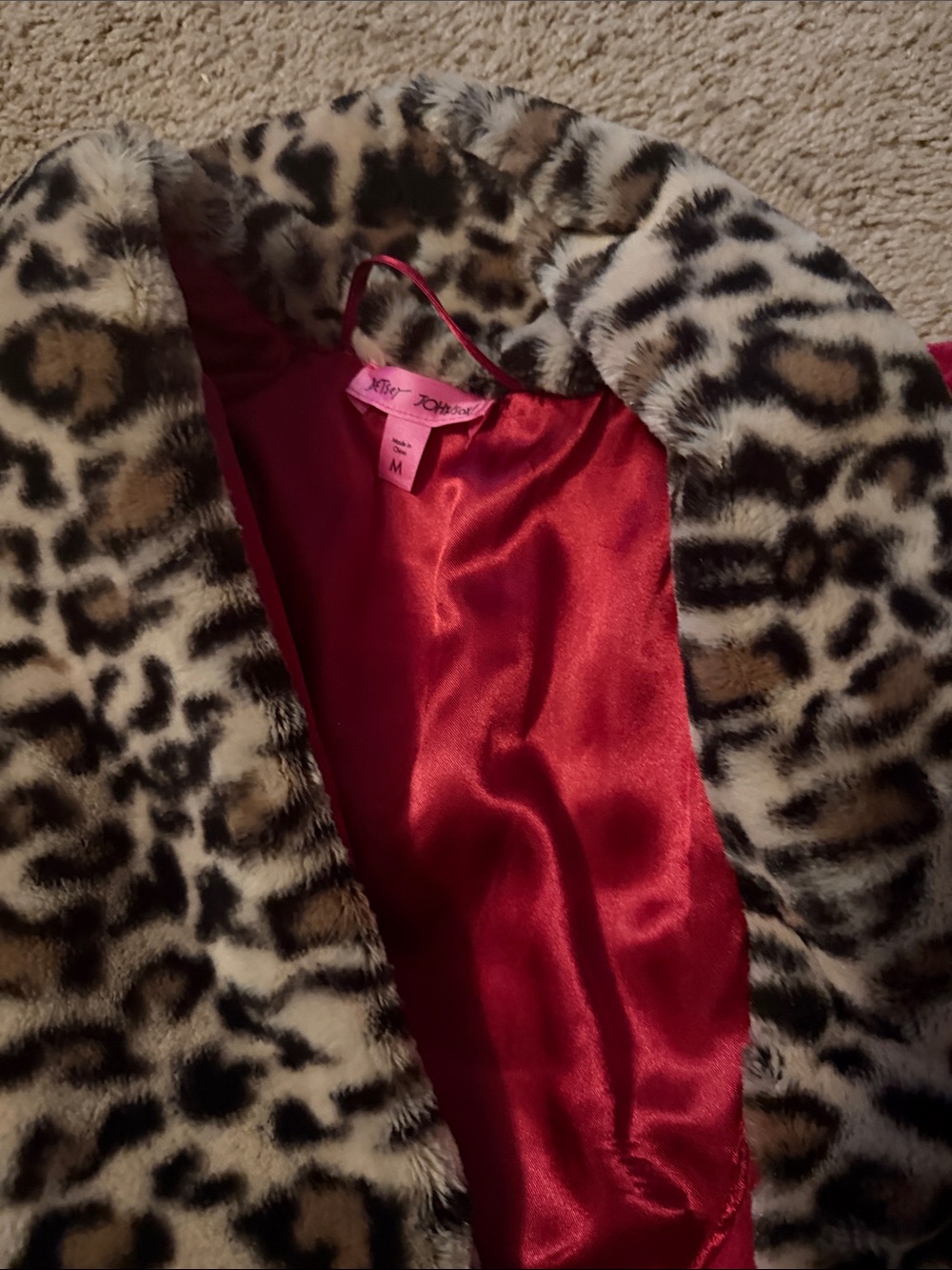 Xhilaration Red Satin-Lined Leopard Faux Fur Coat - Picture 2 of 4